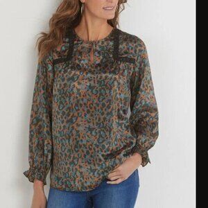 Soft Surroundings Womens Top Size Medium Brown Teal Leopard Print Blouse